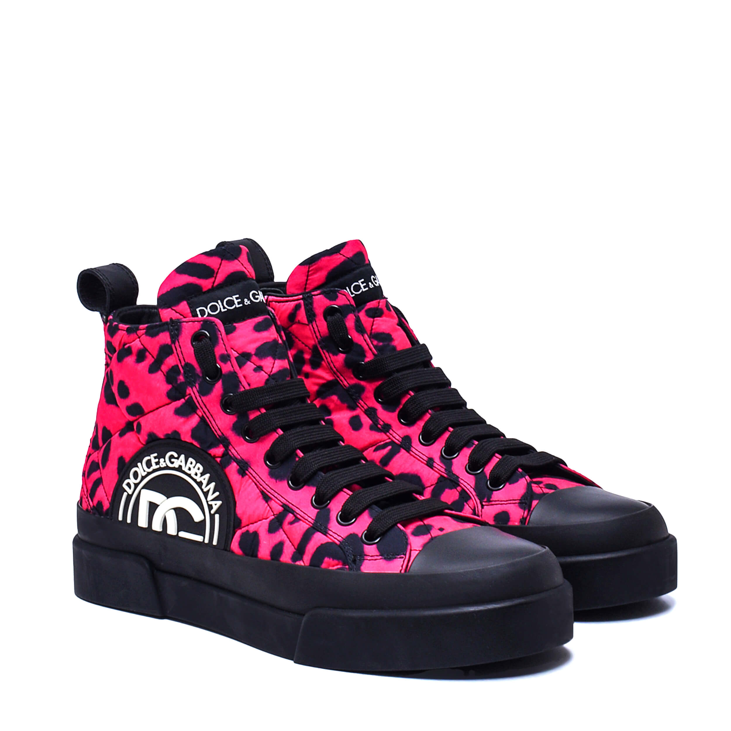 Dolce&Gabbana - Pink & Black Nylon Portofino Leopard Sneakers / 38